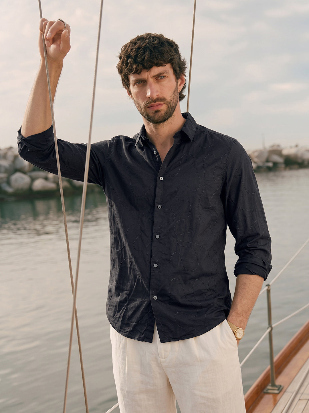 Men's Black Slim Fit Embroidered Resort Wear Shirt