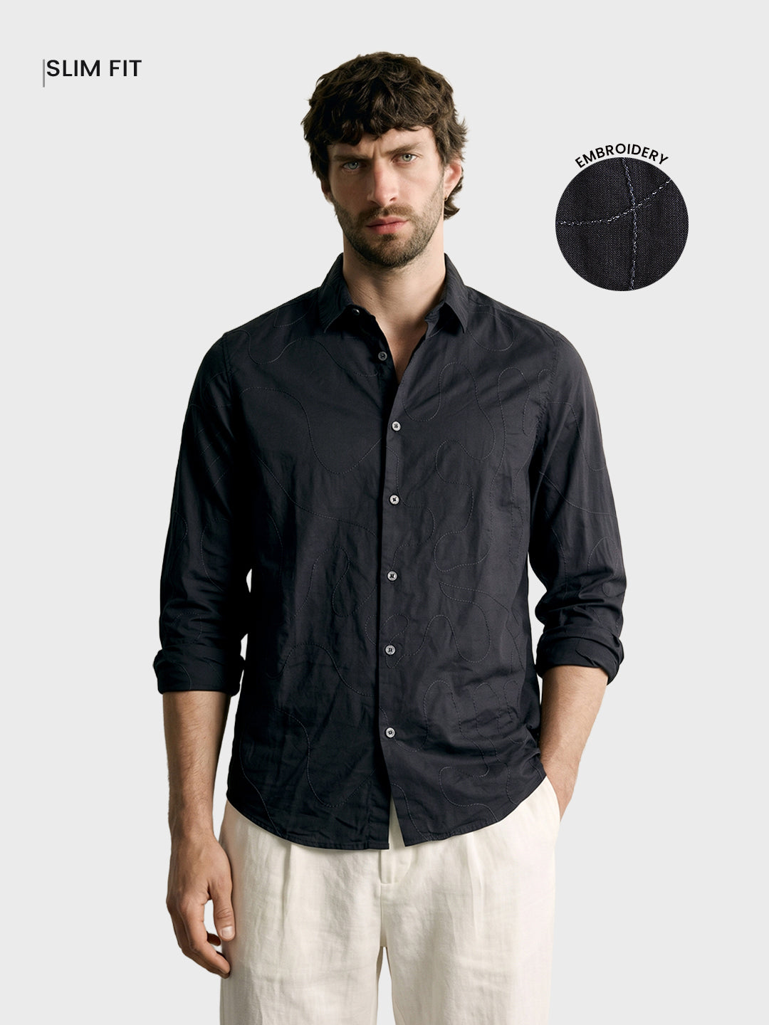 Men's Black Slim Fit Embroidered Resort Wear Shirt