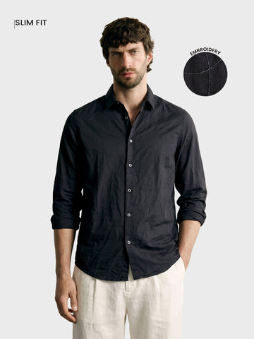 Men's Black Slim Fit Embroidered Resort Wear Shirt