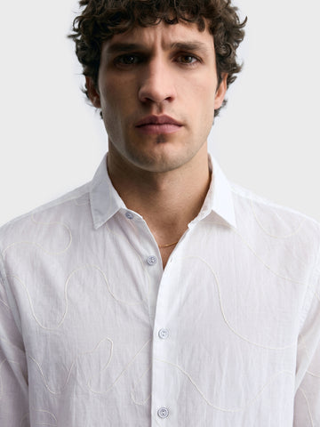 Men's White Slim Fit Embroidered Resort Wear Shirt