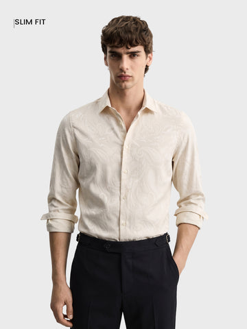 Men's Beige Slim Fit Printed Casual Shirt