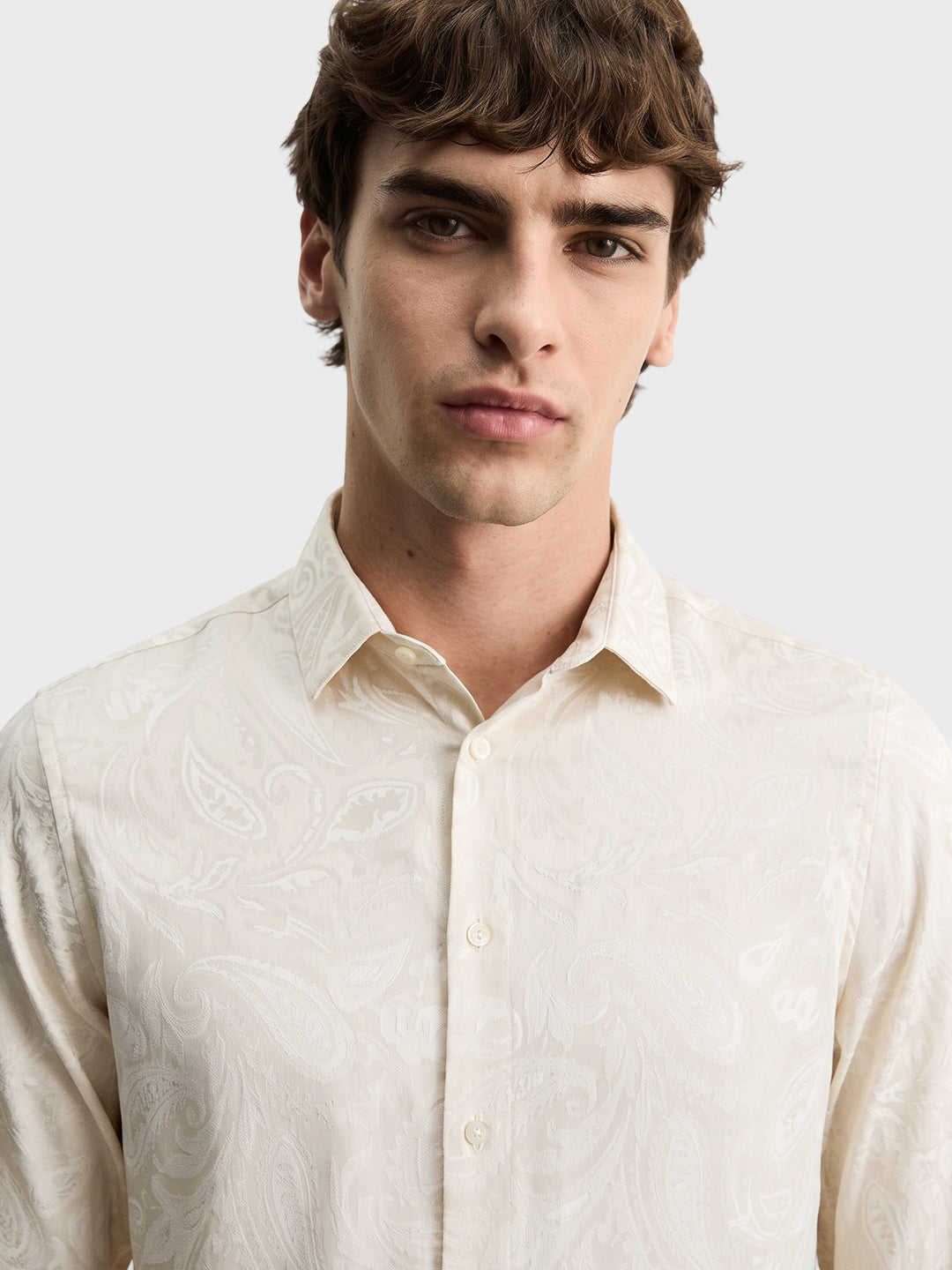 Men's Beige Slim Fit Printed Party Shirt