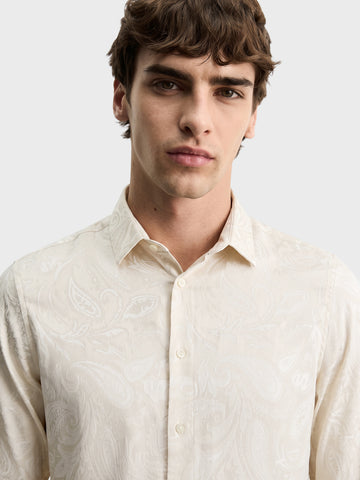 Men's Beige Slim Fit Printed Casual Shirt