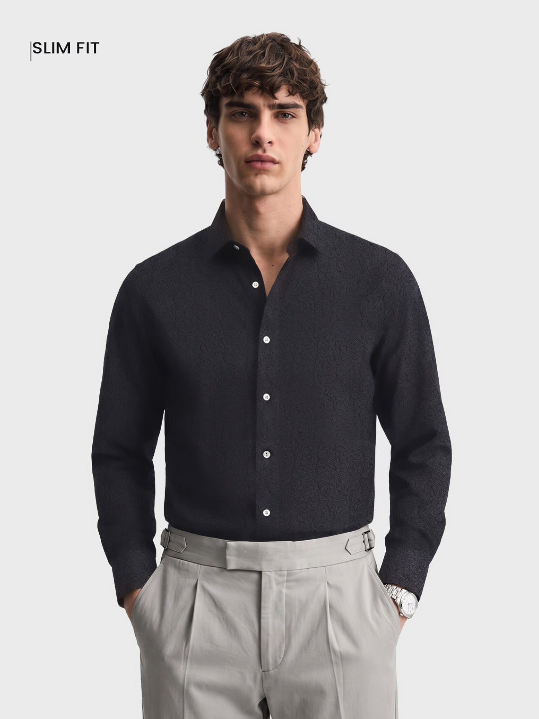 Men's Black Slim Fit Textured  Party Shirt