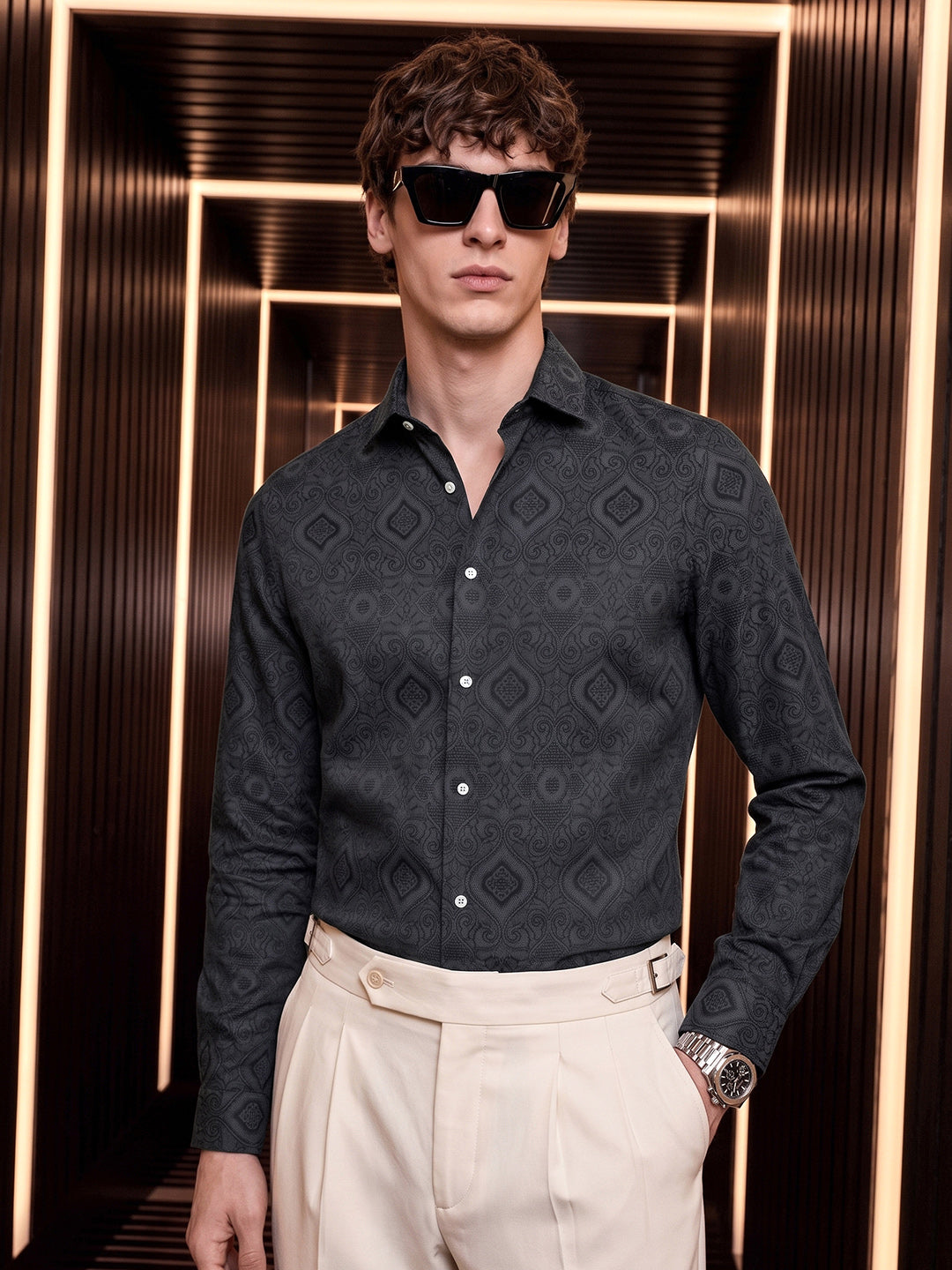 Men's Black Slim Fit Textured Party Shirt