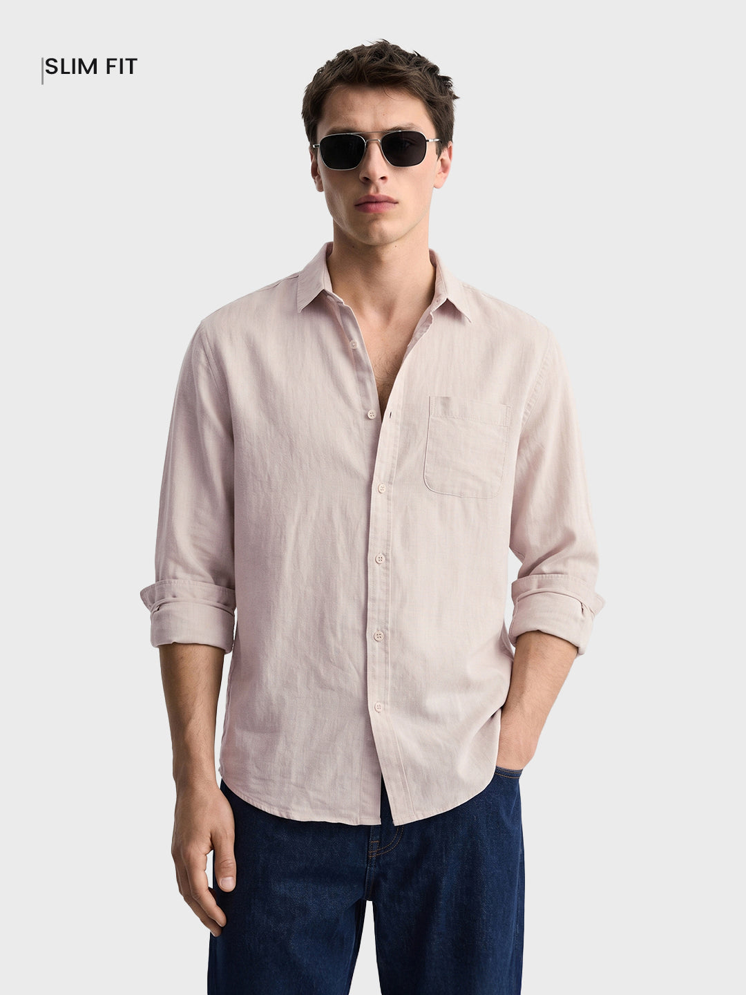 Men's Beige Slim Fit Solid Casual Shirt