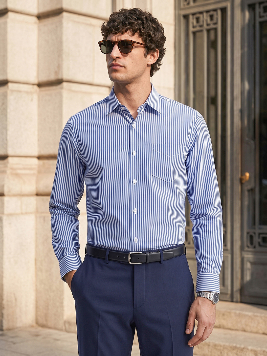 Men's Blue Slim Fit Striped Casual Shirt