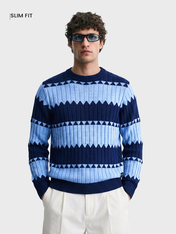 Men's Navy Blue Slim Fit Colourblocked Casual Sweater