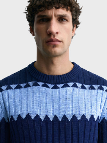 Men's Navy Blue Slim Fit Colourblocked Casual Sweater