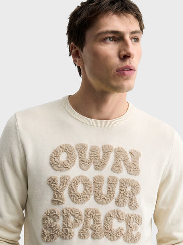 Men's Beige Slim Fit Embroidered Casual Sweater