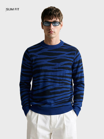 Men's Blue Slim Fit Textured Casual Sweater