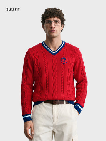 Men's Red Slim Fit Textured Casual Sweater