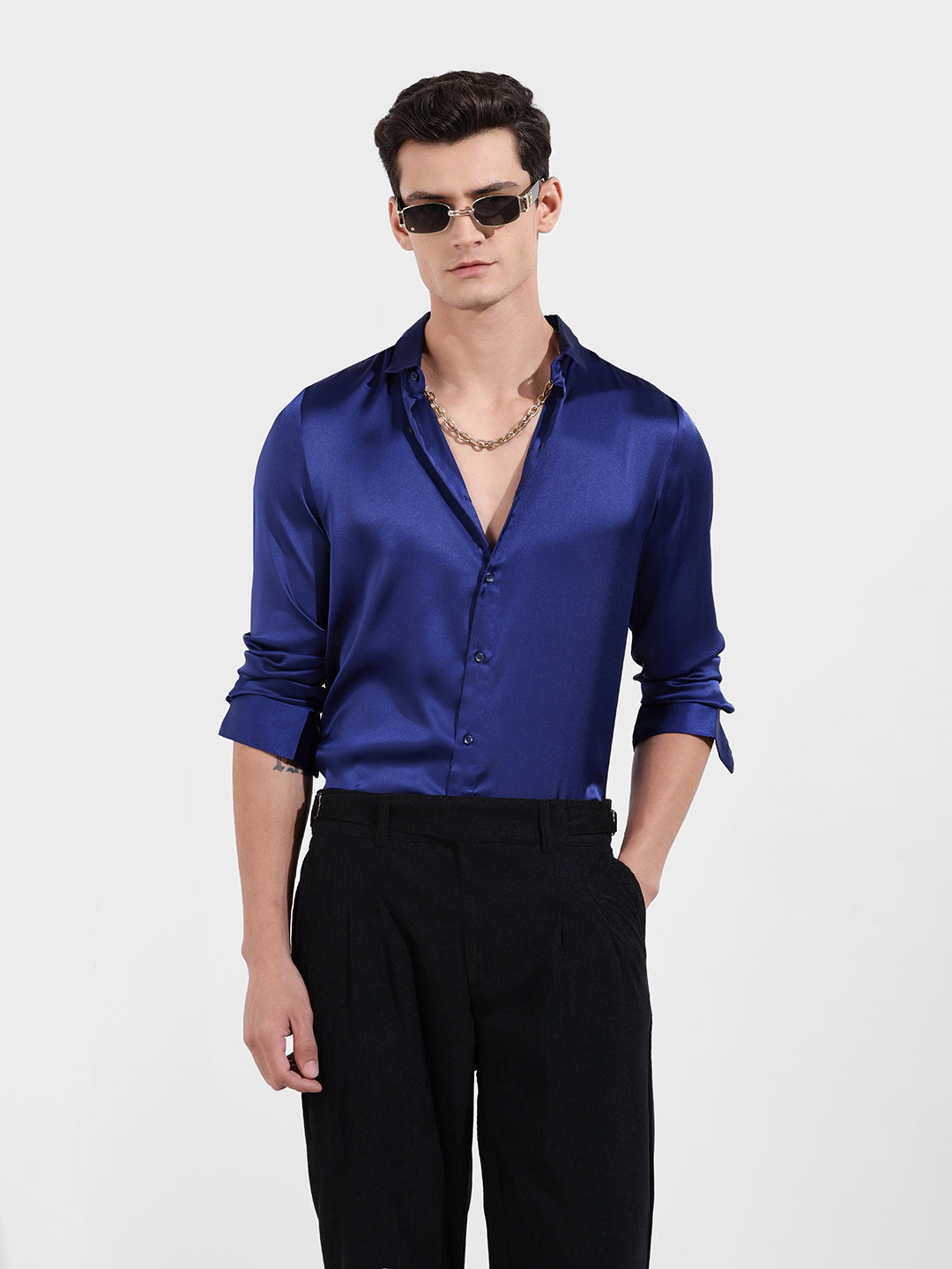 Men's Blue Slim Fit Solid Party Wear Shirt
