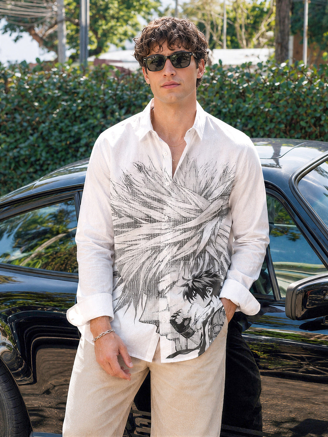 Men's White Oversized Fit Graphic Printed Korean Street Shirt