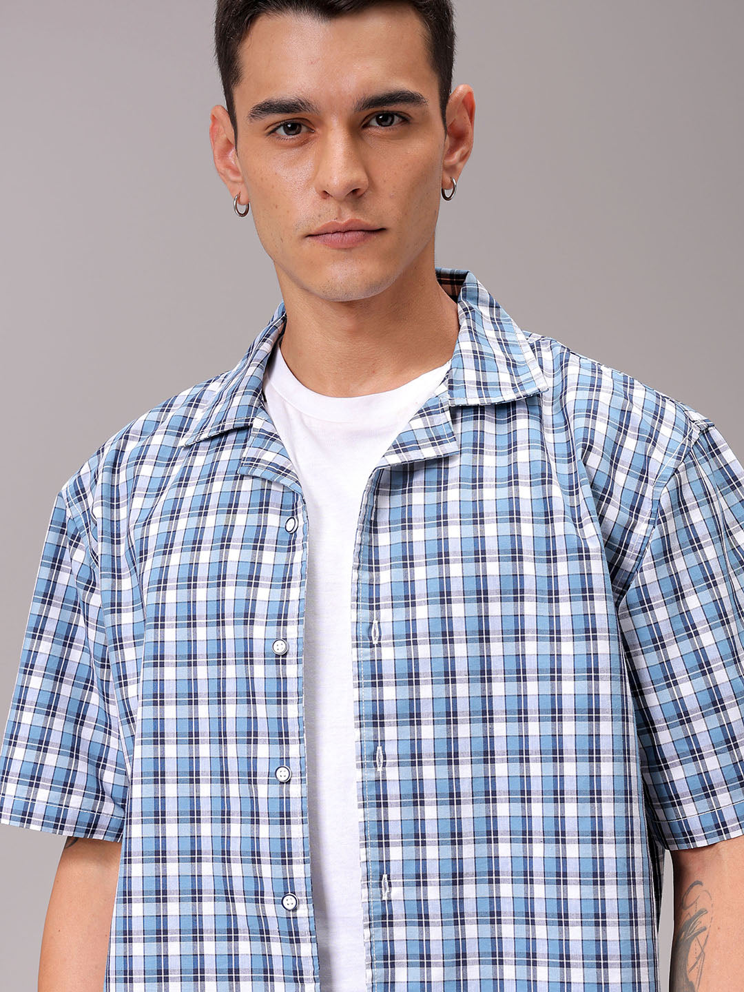 Men's Blue Boxy Fit Checked Streetwear Shirt