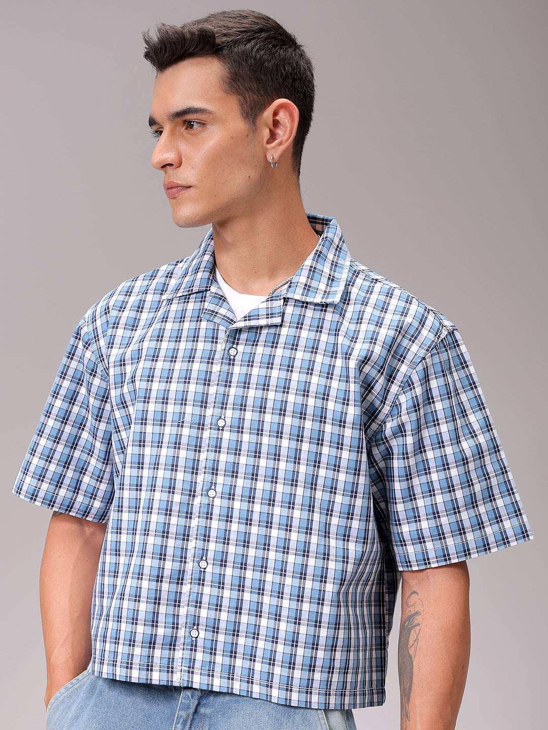 Men's Blue Boxy Fit Checked Streetwear Shirt