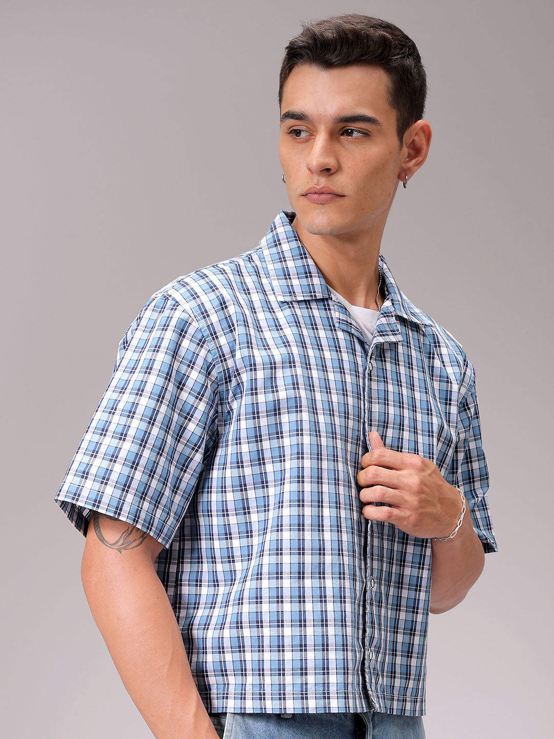 Men's Blue Boxy Fit Checked Streetwear Shirt