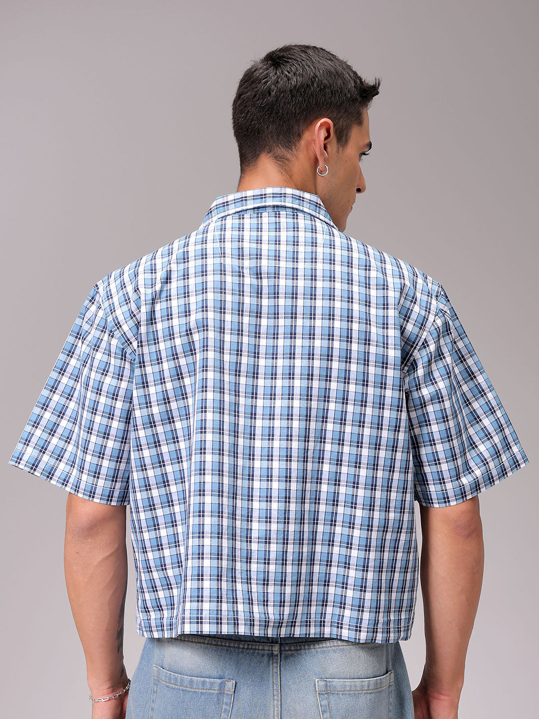 Men's Blue Boxy Fit Checked Streetwear Shirt