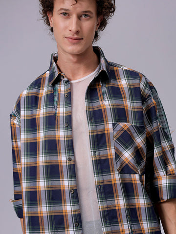 Men's Navy Blue Oversized Fit Checked Korean Street Shirt
