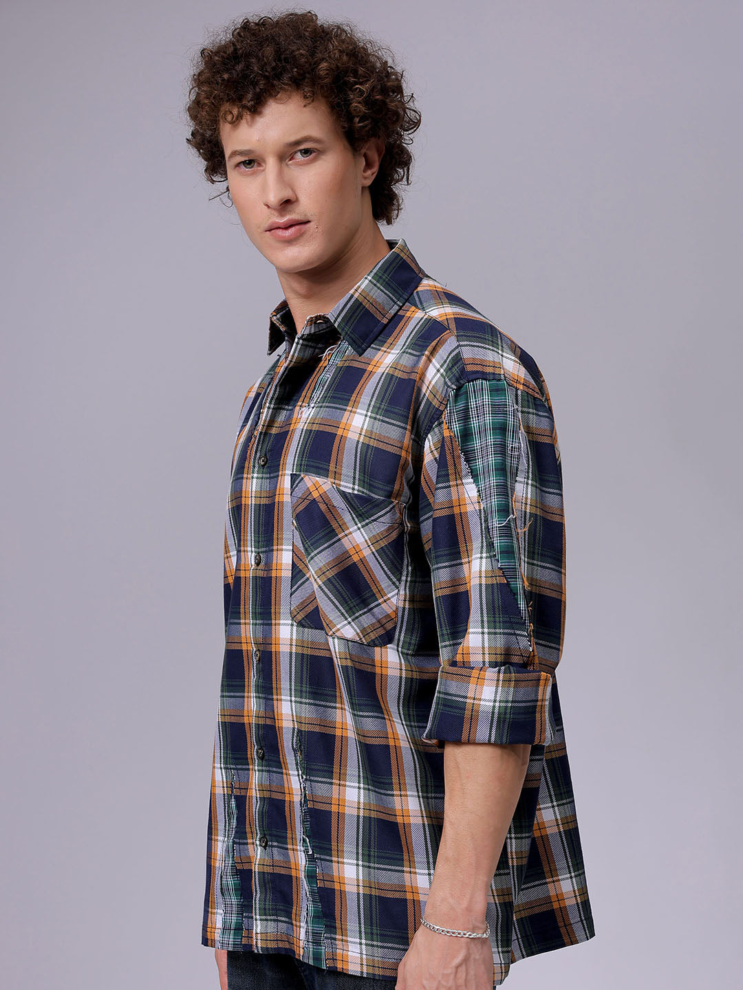 Men's Navy Blue Oversized Fit Checked Korean Street Shirt