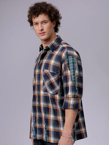 Men's Navy Blue Oversized Fit Checked Korean Street Shirt