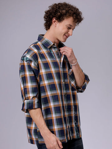 Men's Navy Blue Oversized Fit Checked Korean Street Shirt