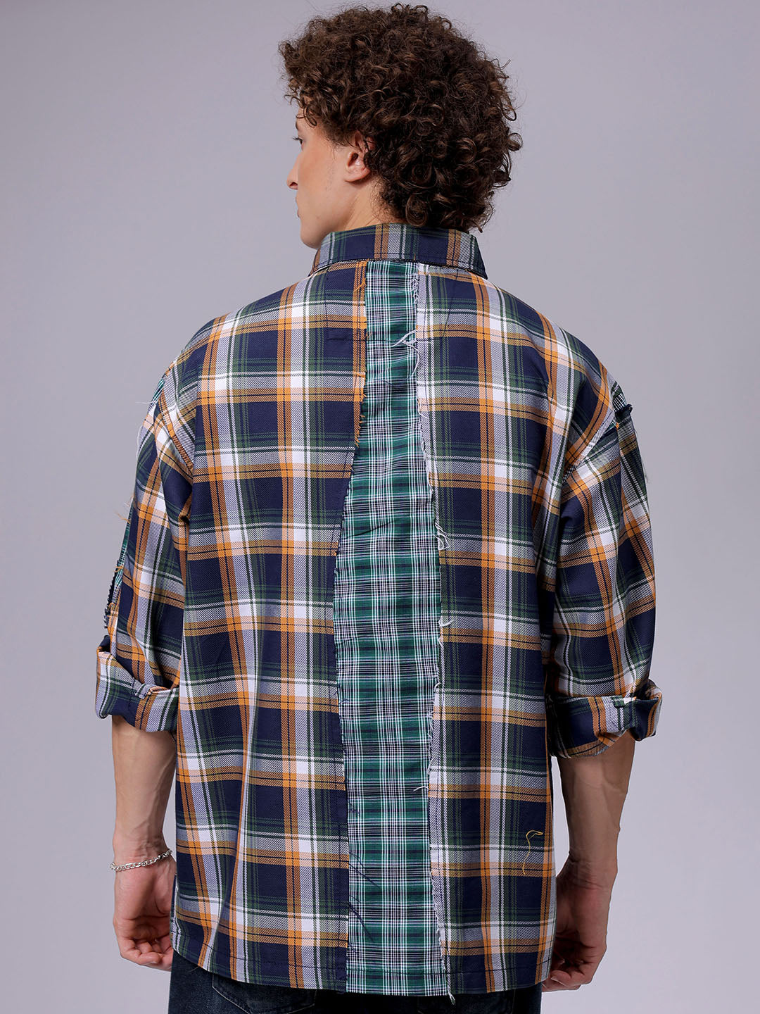 Men's Navy Blue Oversized Fit Checked Korean Street Shirt