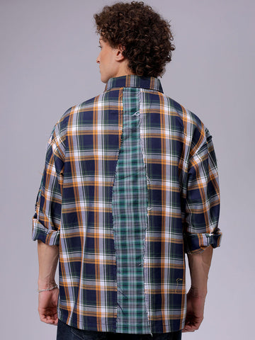 Men's Navy Blue Oversized Fit Checked Korean Street Shirt