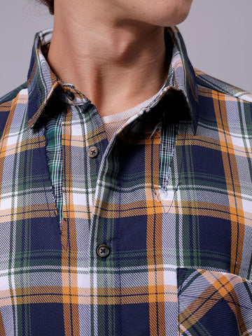 Men's Navy Blue Oversized Fit Checked Korean Street Shirt