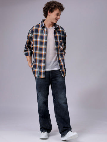 Men's Navy Blue Oversized Fit Checked Korean Street Shirt