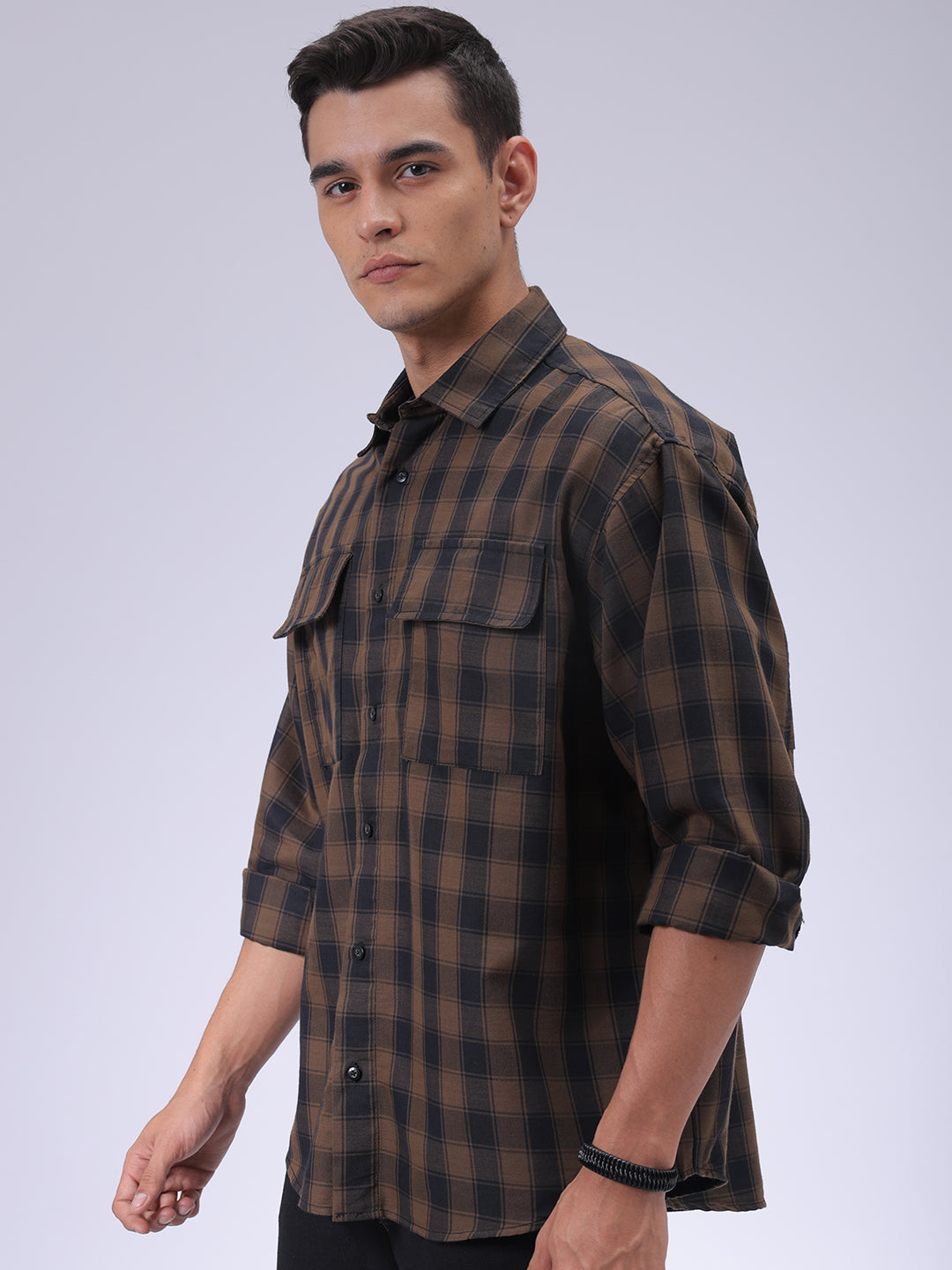 Men's Olive Oversized Fit Checked Shirt