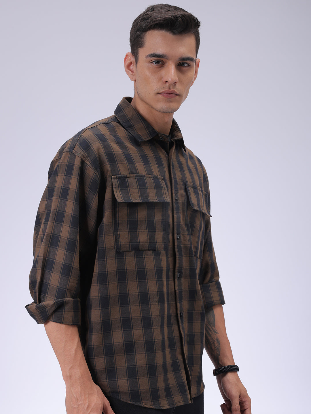 Men's Olive Oversized Fit Checked Shirt