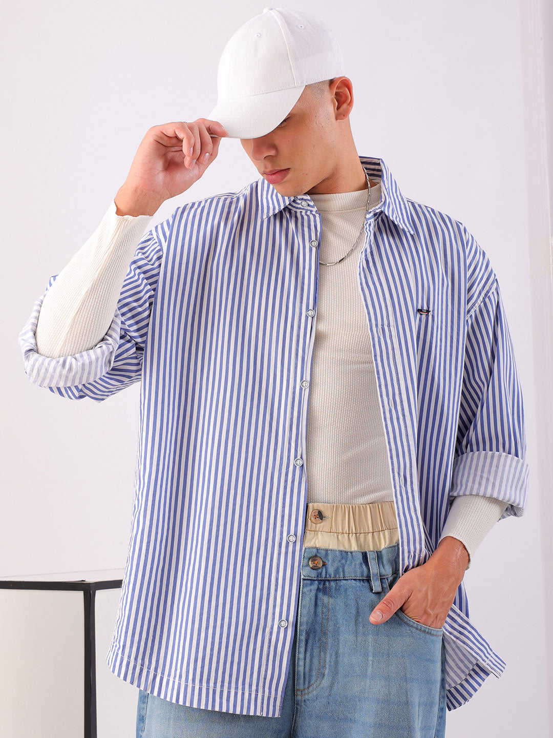 Shop Men's White Korean Fit Striped Streetwear Shirt Online.