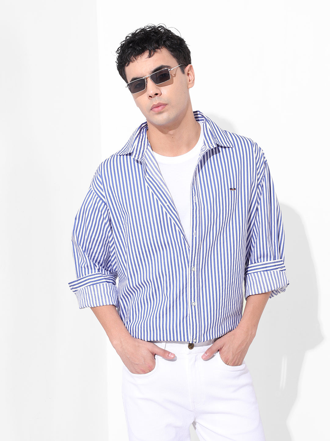 Men's White Korean Fit Striped Streetwear Shirt