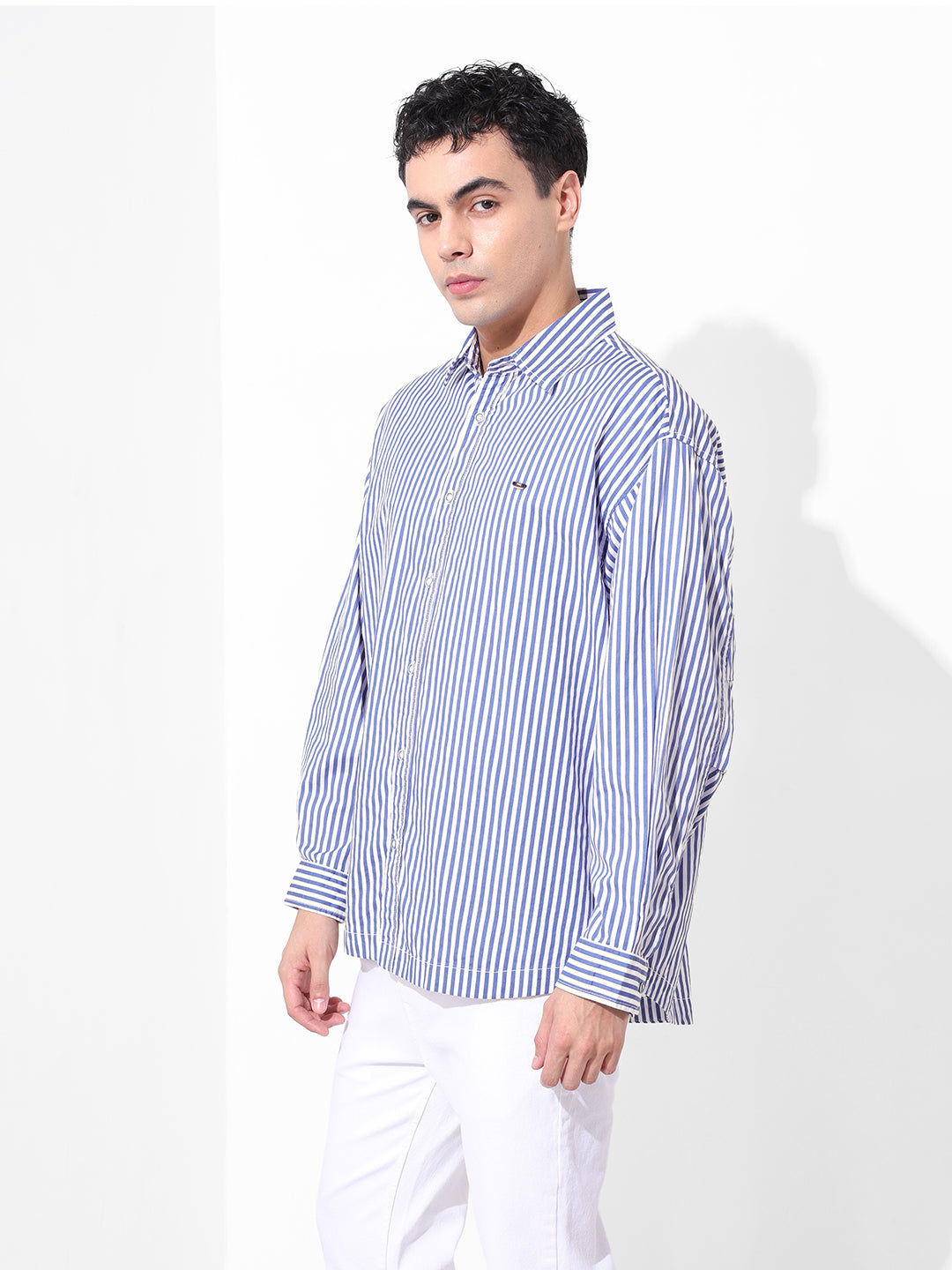Men's White Korean Fit Striped Streetwear Shirt