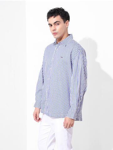 Men's White Korean Fit Striped Streetwear Shirt