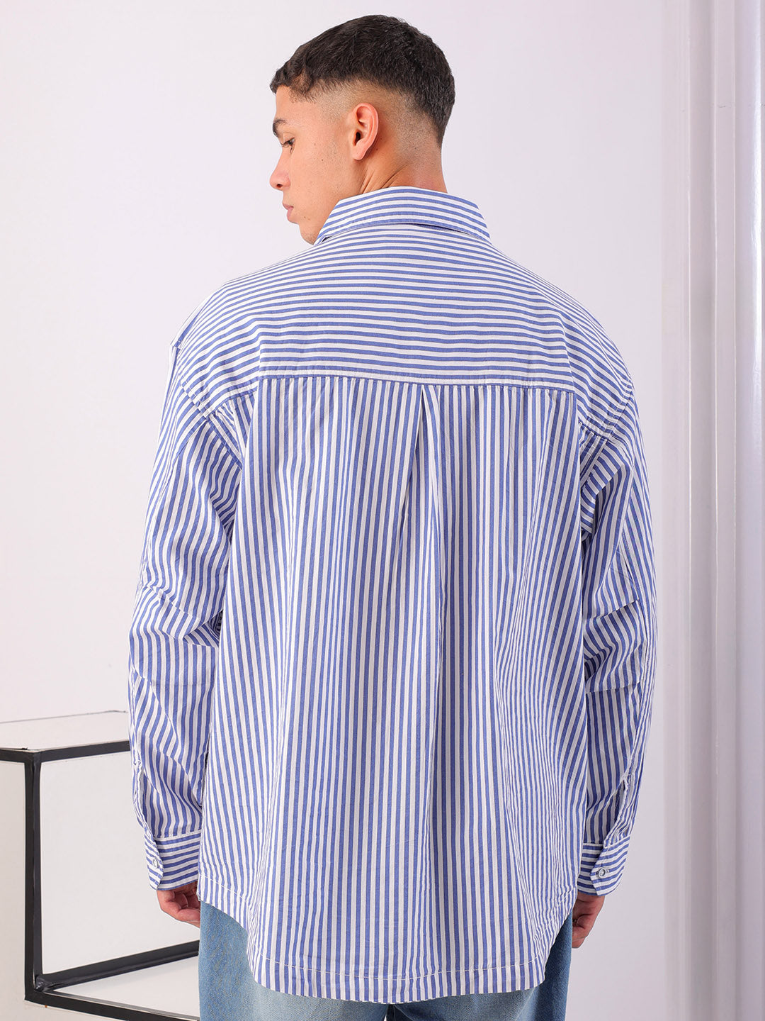 Shop Men's White Korean Fit Striped Streetwear Shirt Online.