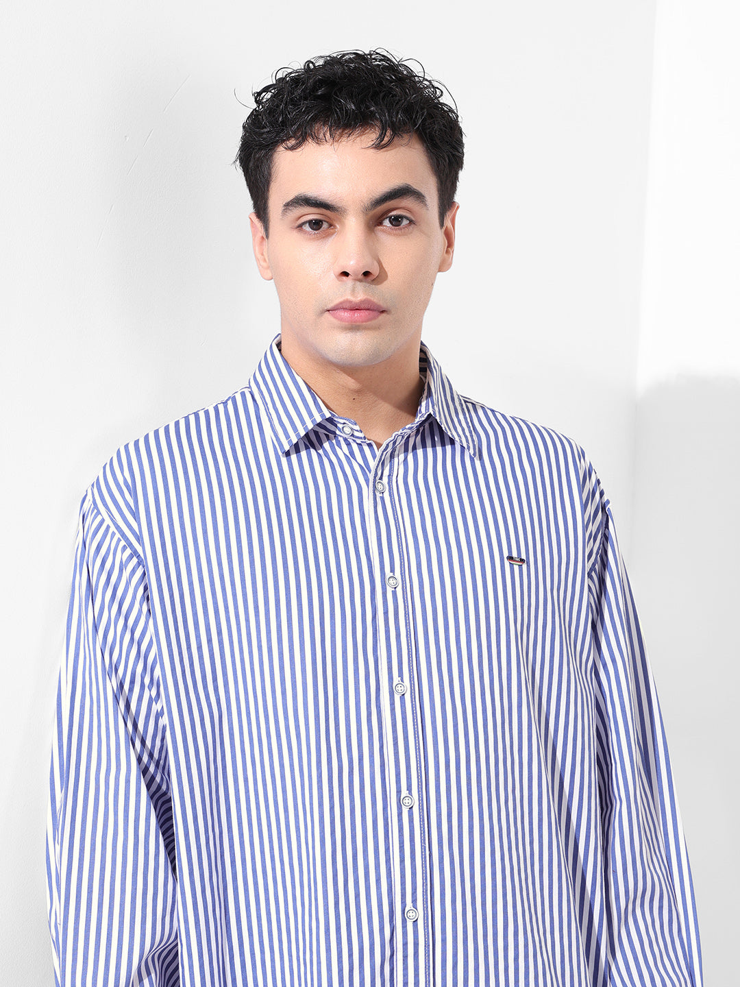Men's White Korean Fit Striped Streetwear Shirt