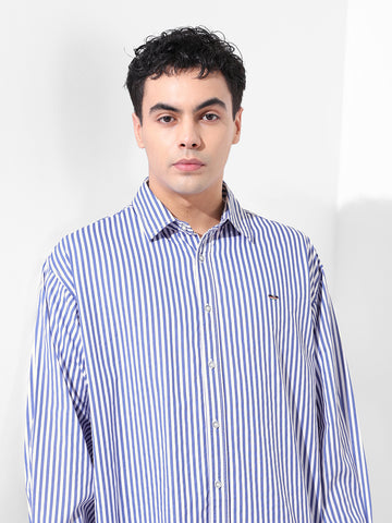 Men's White Korean Fit Striped Streetwear Shirt