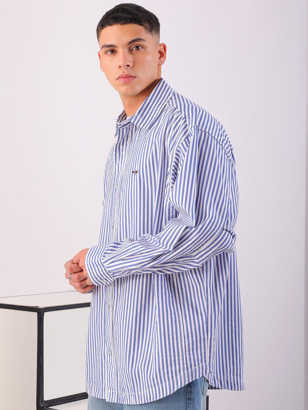 Shop Men's White Korean Fit Striped Streetwear Shirt Online.