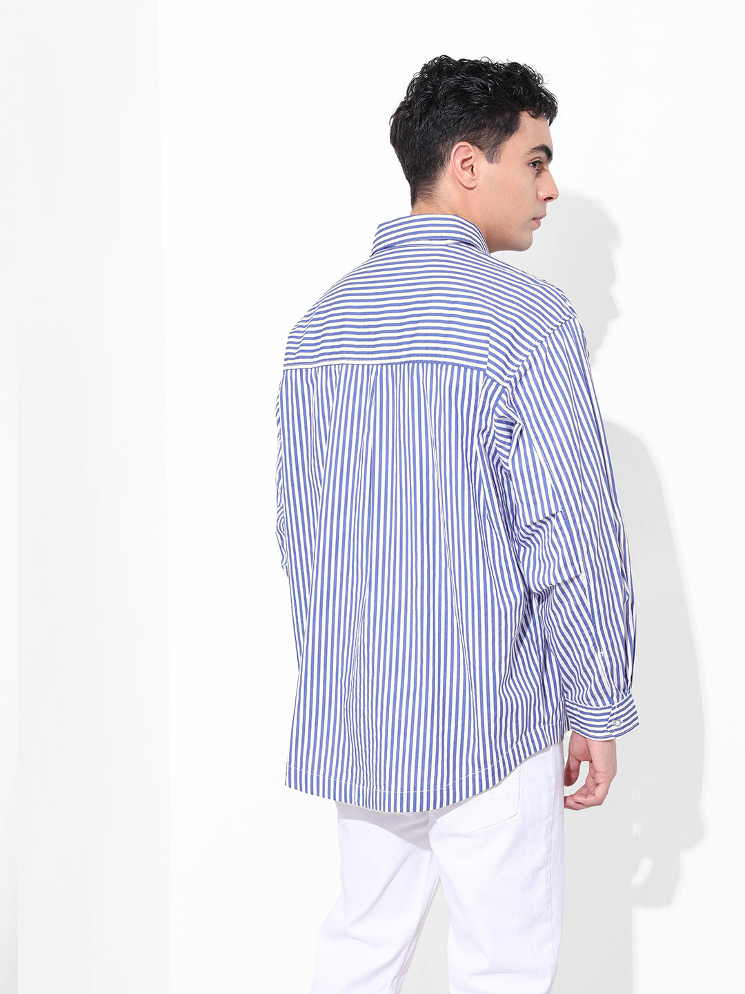 Men's White Korean Fit Striped Streetwear Shirt