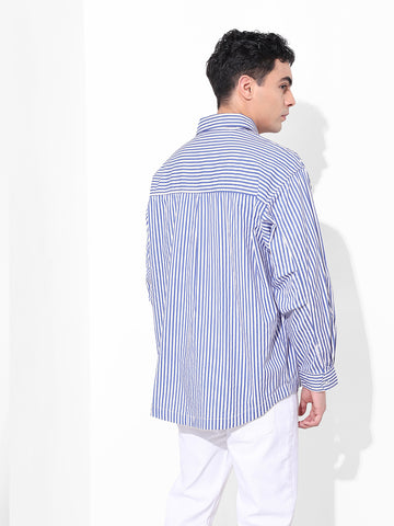 Men's White Korean Fit Striped Streetwear Shirt