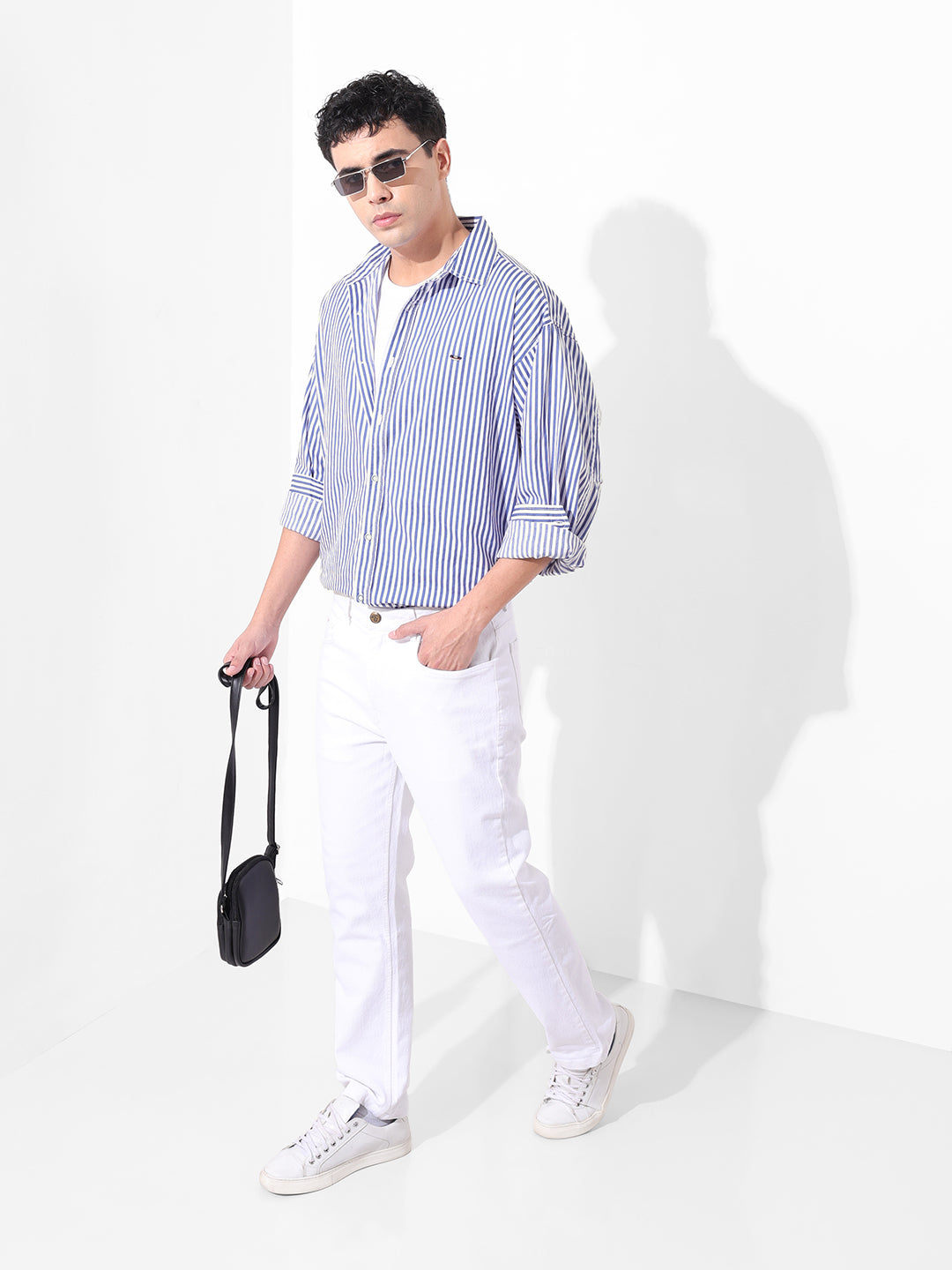 Men's White Korean Fit Striped Streetwear Shirt