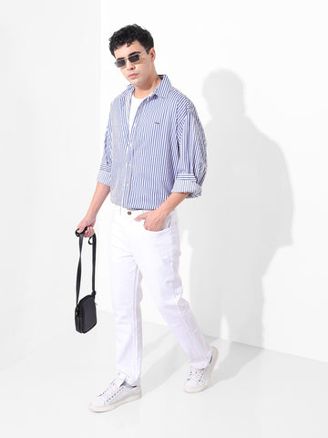 Men's White Korean Fit Striped Streetwear Shirt
