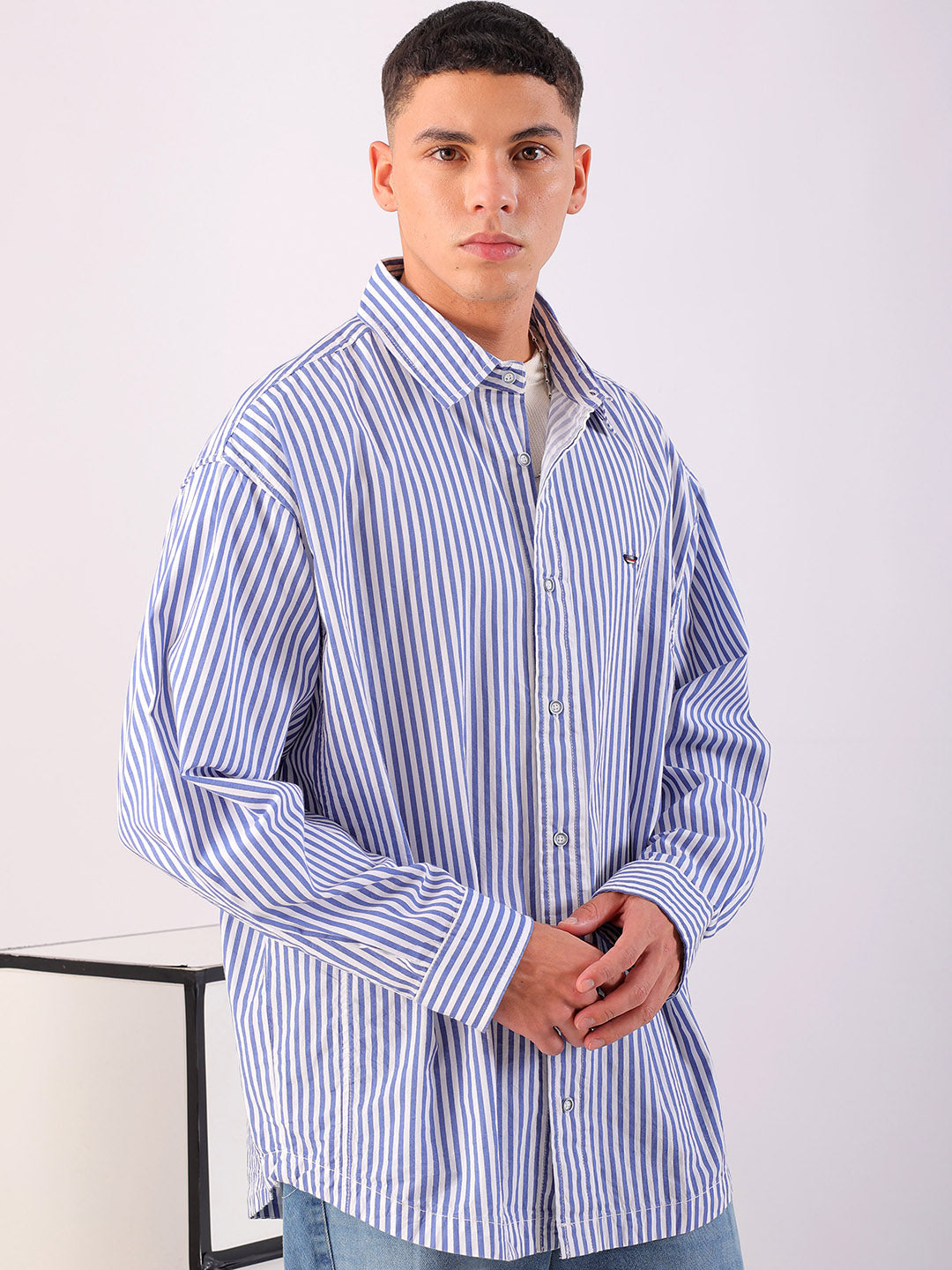 Shop Men's White Korean Fit Striped Streetwear Shirt Online.