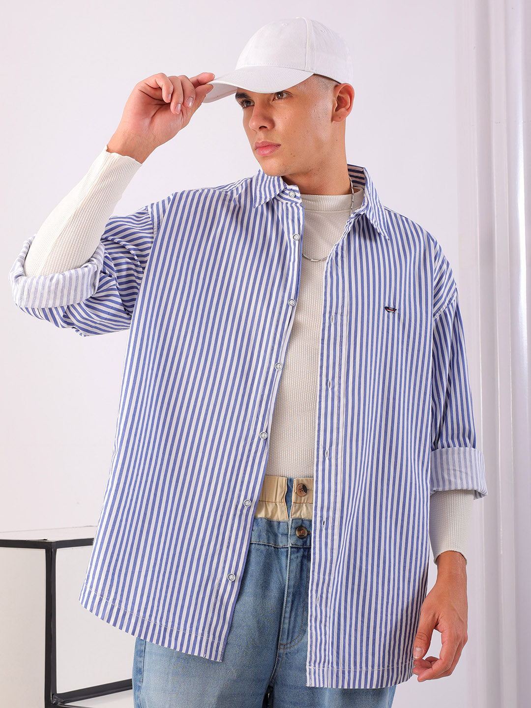 Shop Men's White Korean Fit Striped Streetwear Shirt Online.