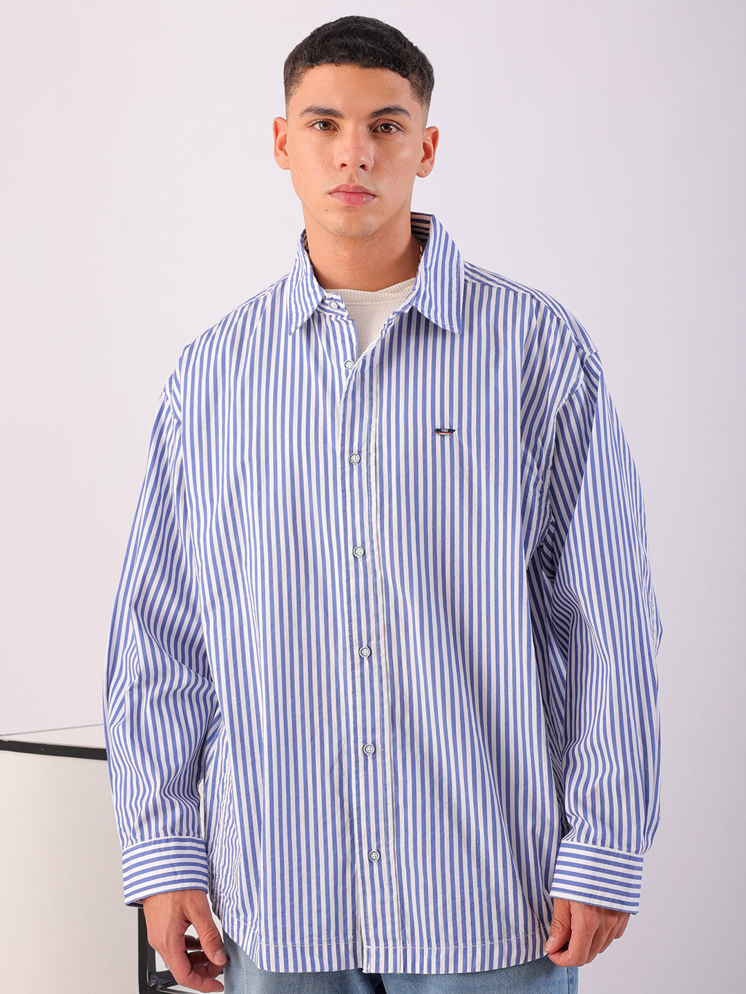 Shop Men's White Korean Fit Striped Streetwear Shirt Online.