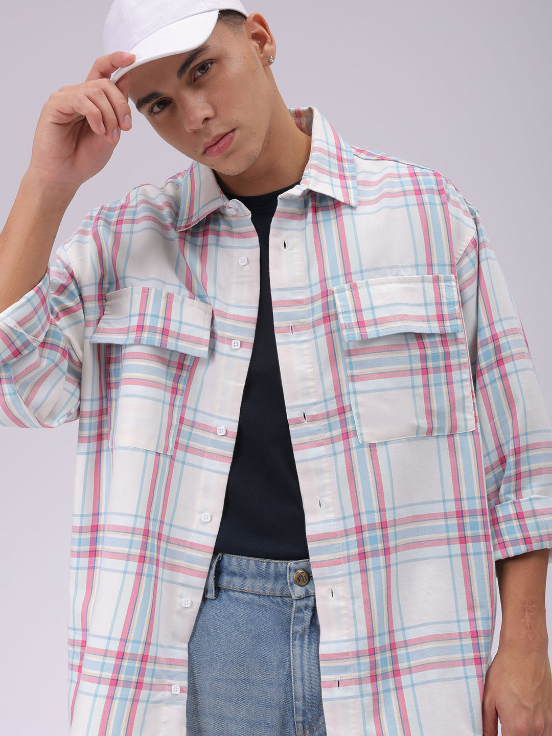 Men's White Oversized Checked Streetwear Shirt