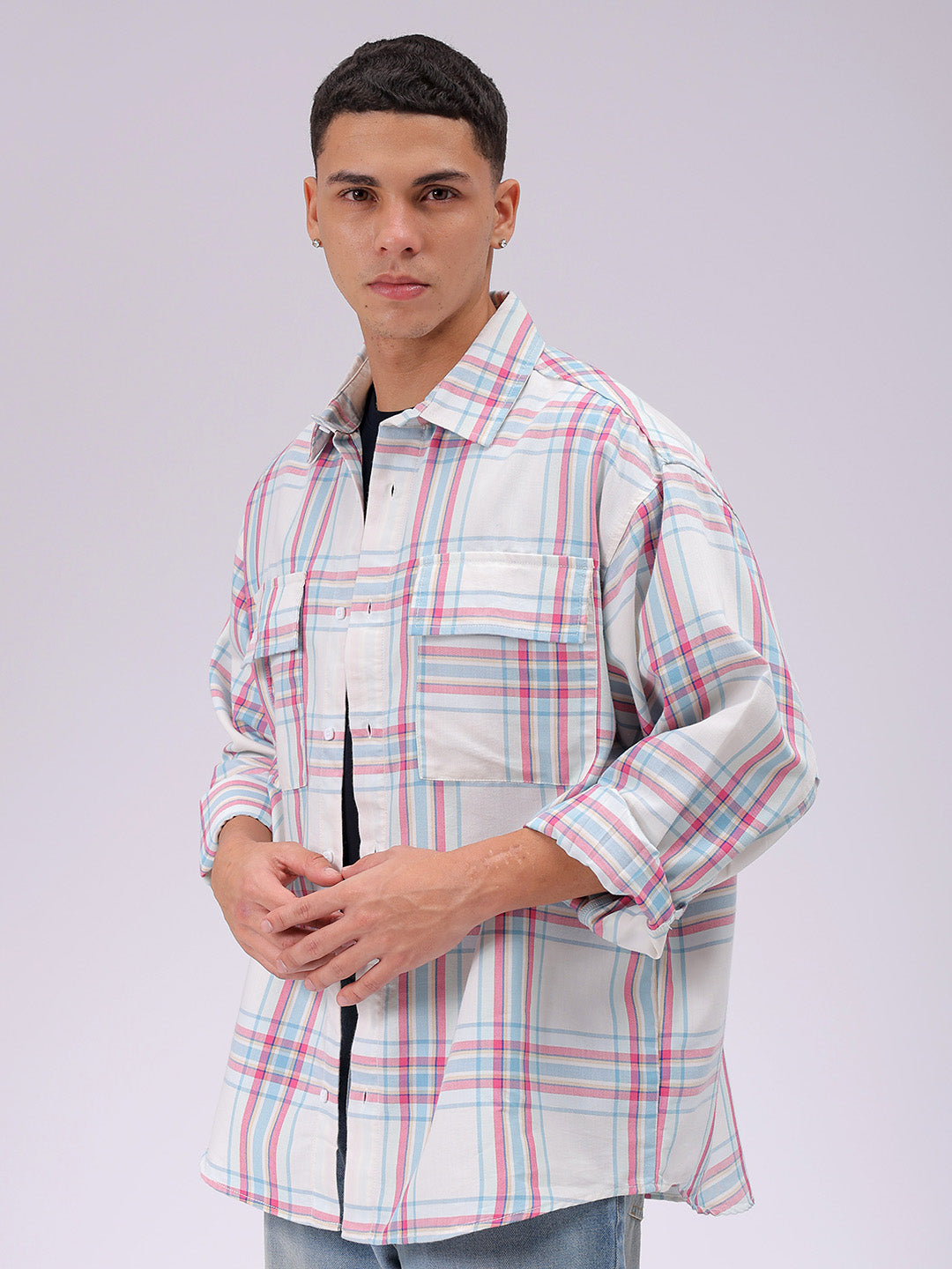 Men's White Oversized Checked Streetwear Shirt