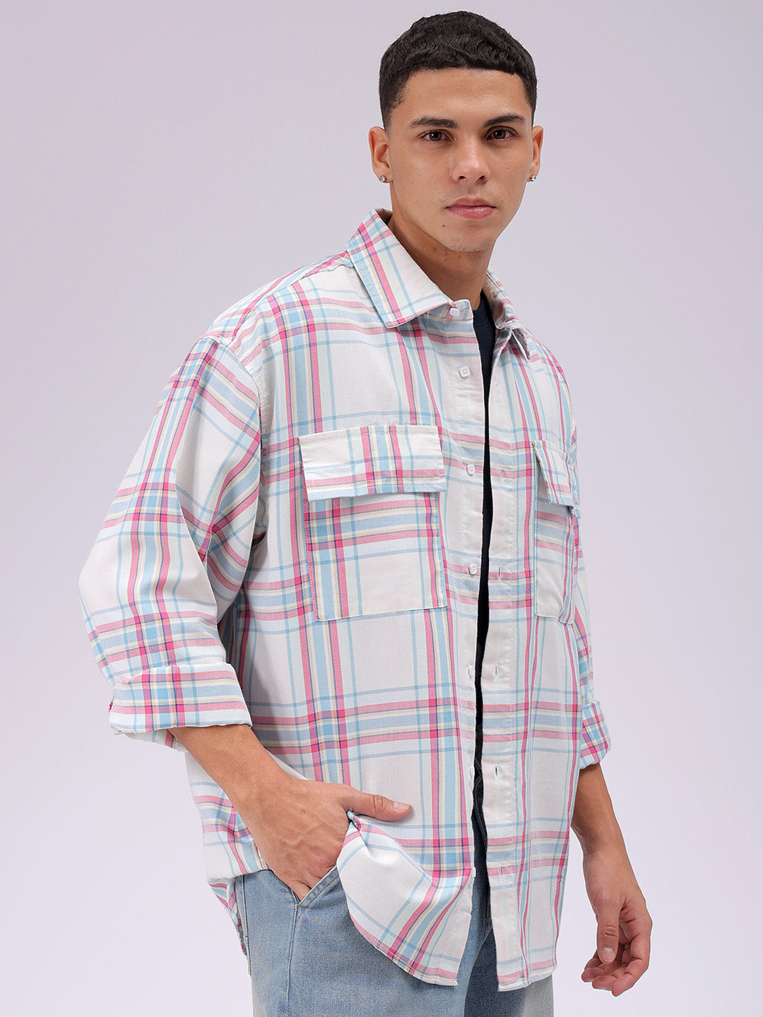 Men's White Oversized Checked Streetwear Shirt